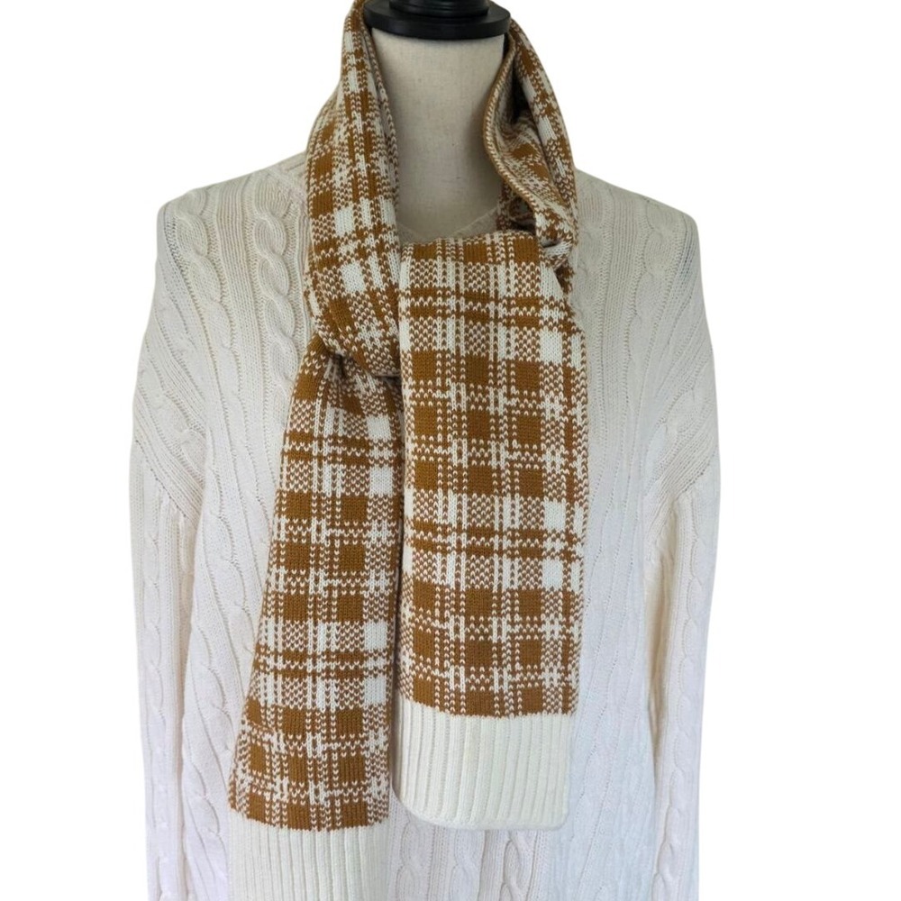 Timberland Scarf OS Caramel Cream Plaid Knit Acrylic Winter